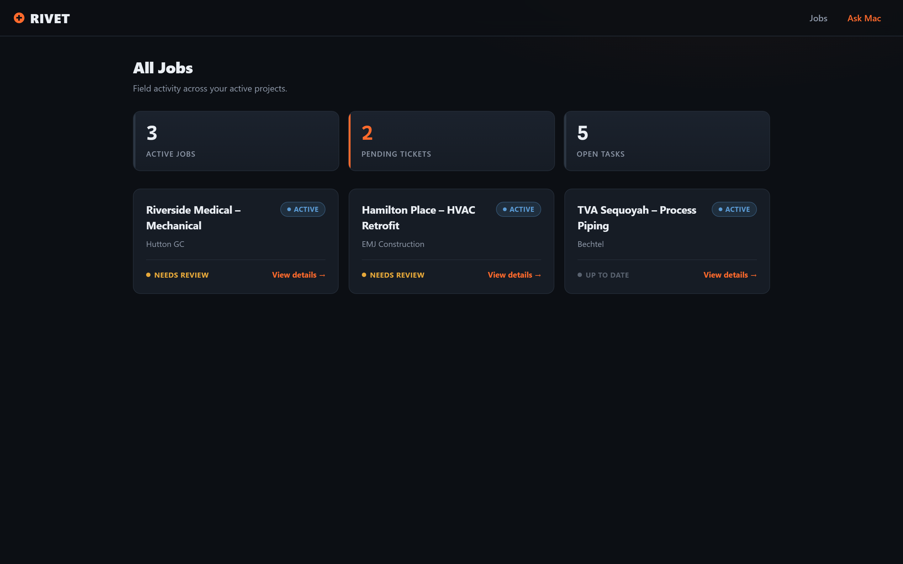 Rivet construction dashboard